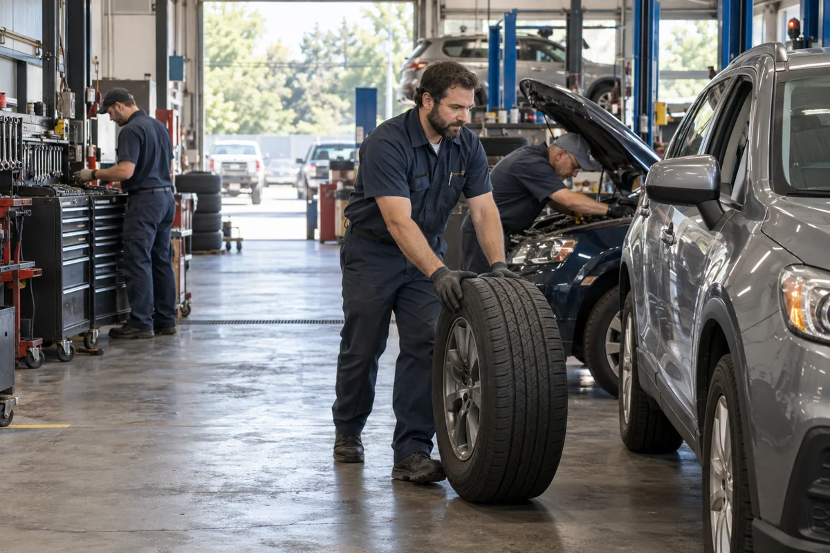 Illustrative automotive team working on tires, an engine and tools across a repair shop