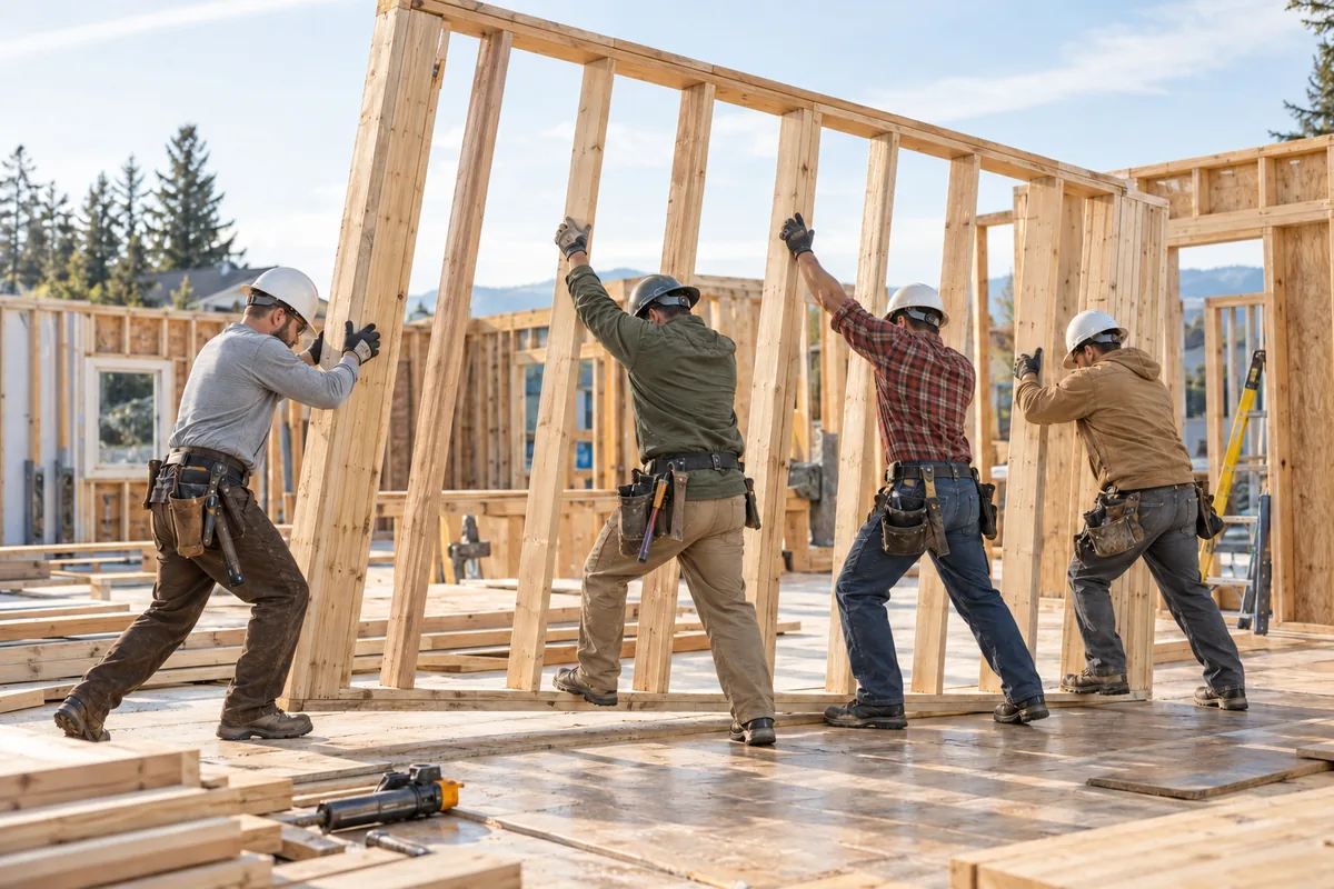 Illustrative construction crew in varied workwear raising a timber wall frame at a residential jobsite.
