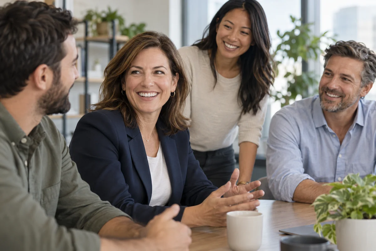 Illustrative smiling businesswoman sharing a positive moment with her office team