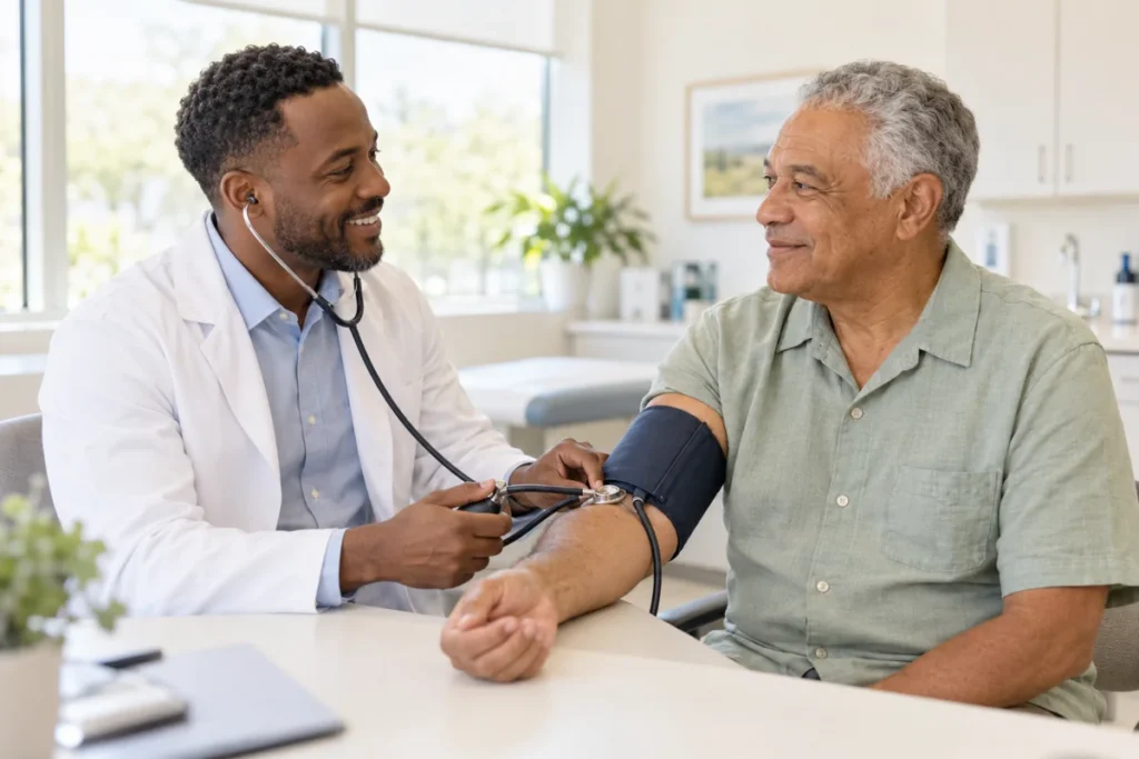 Illustrative clinician checking a patient’s blood pressure during a routine visit.
