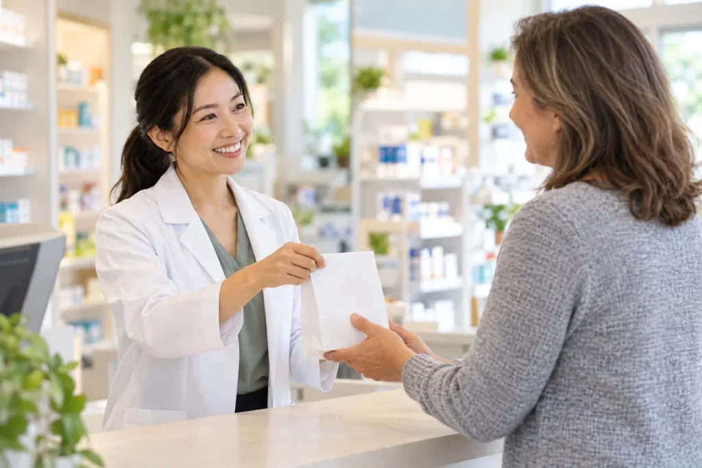 Illustrative woman in a heather-gray sweater picking up her prescription from a pharmacist.