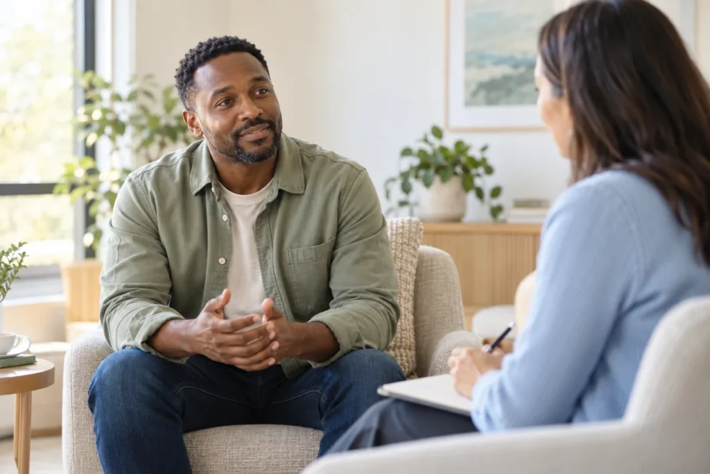 Illustrative employee having a supportive conversation with a counselor.