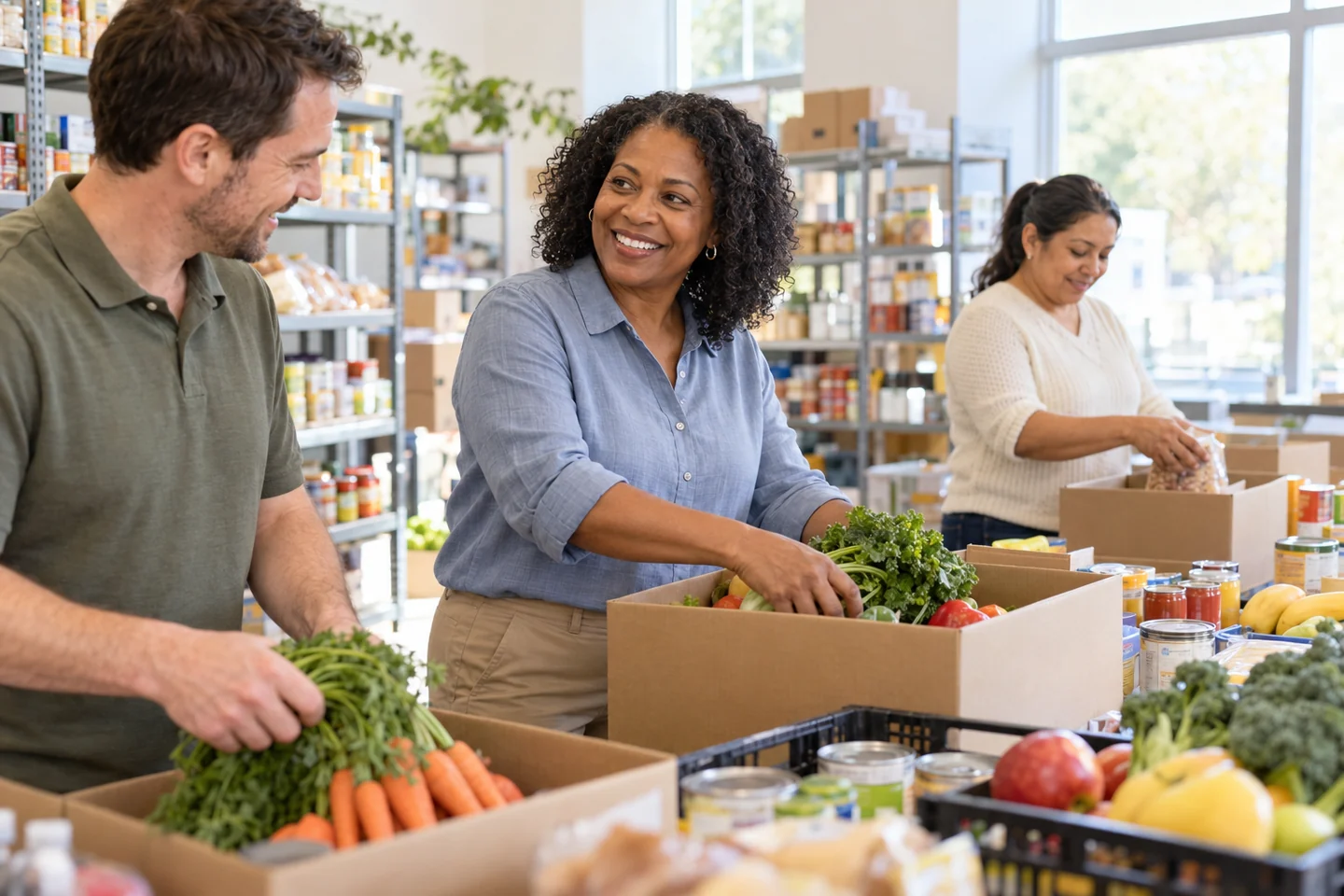 Nonprofit program director and colleagues preparing community food boxes.