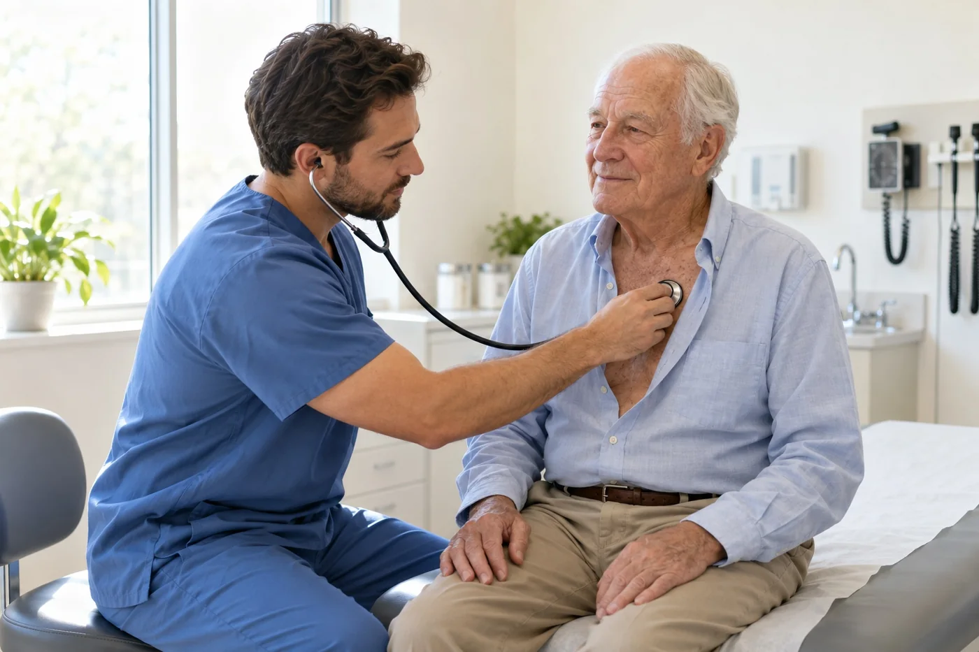 Nurse in blue scrubs listening to an older patient’s chest with a stethoscope.