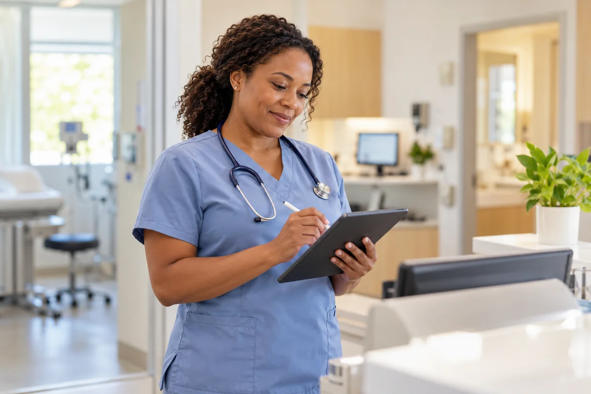 Illustrative Black woman working as a nurse, updating notes on a tablet in a bright clinic.