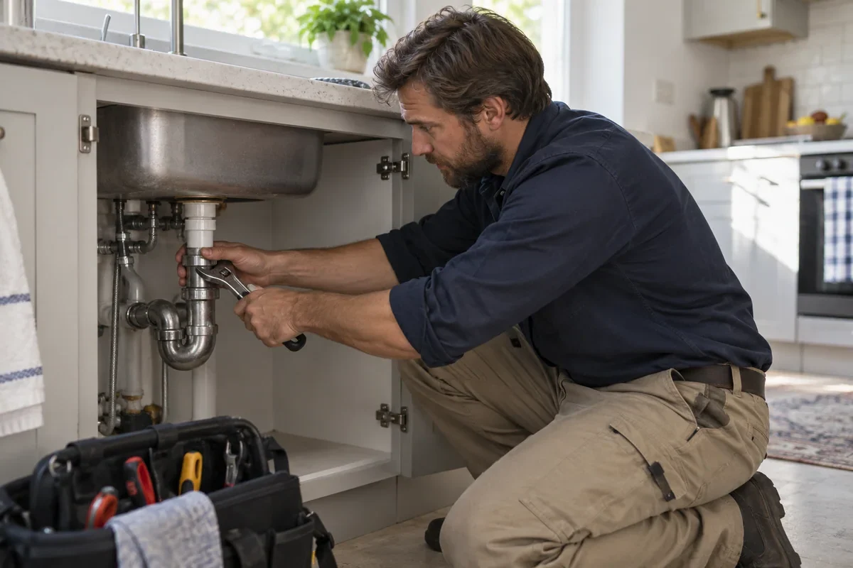 Illustrative plumber working alone on pipe connections beneath a kitchen sink