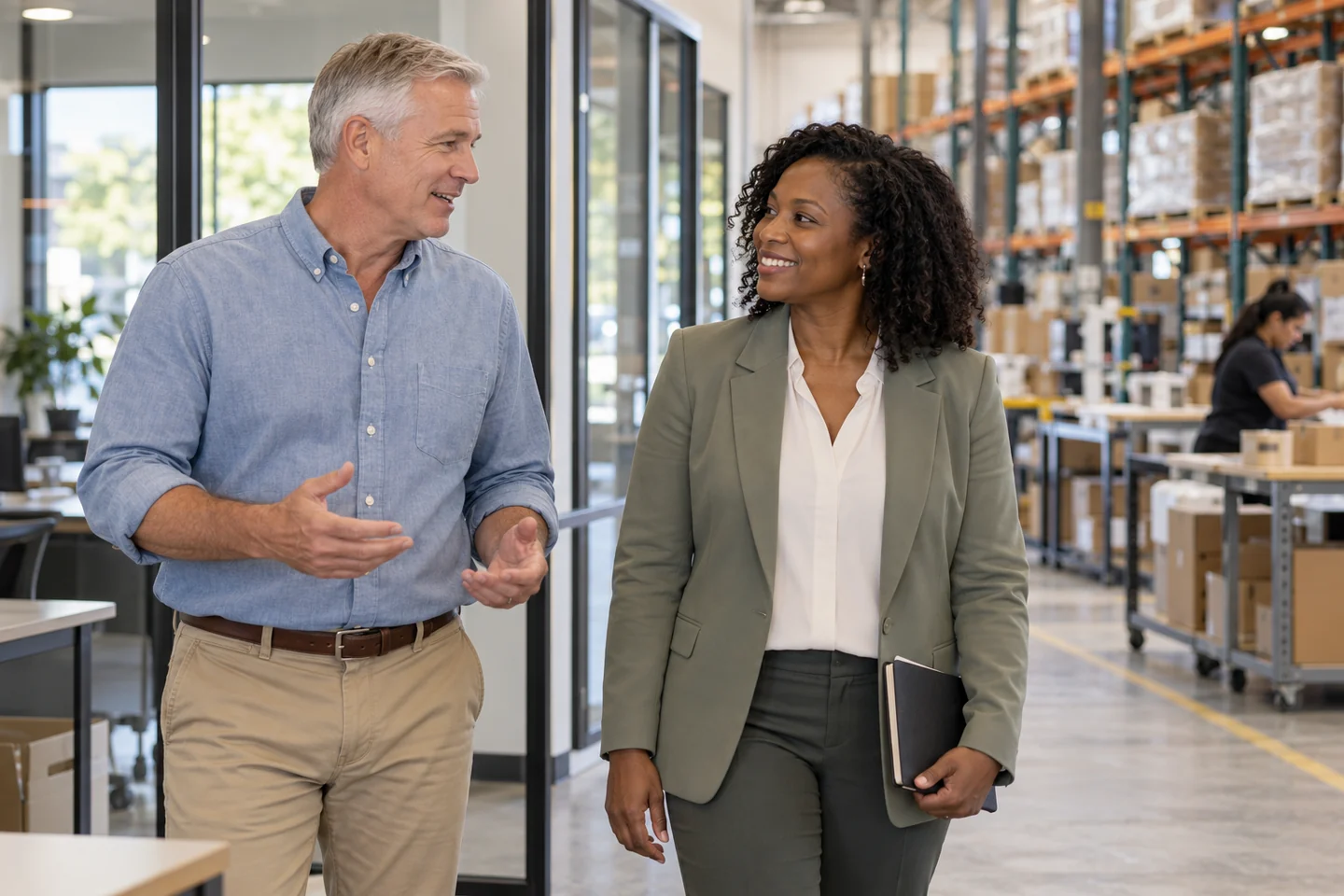 Business owner and consultant discussing employee benefits in a shipping warehouse.