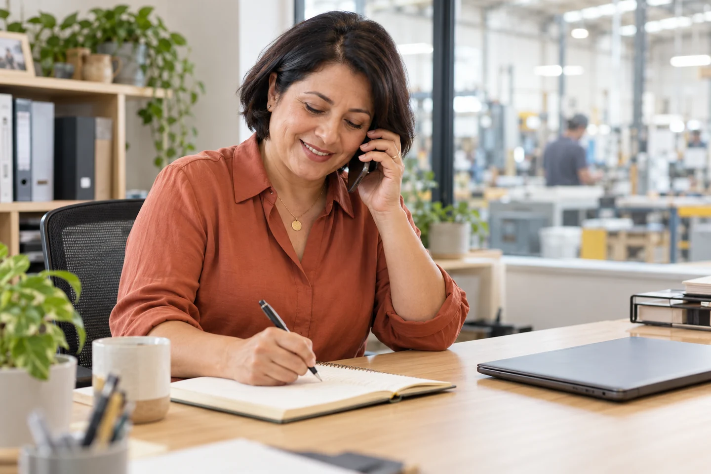 Business owner taking notes during a phone call in her workplace office.