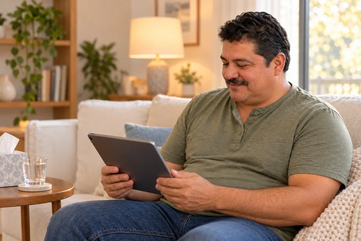 Illustrative man in an olive shirt looking down at a tablet while seated at home.