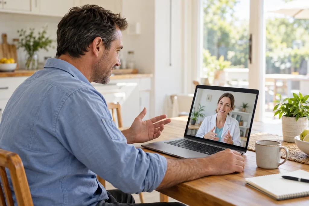 Illustrative employee speaking with a clinician during a virtual visit from home.