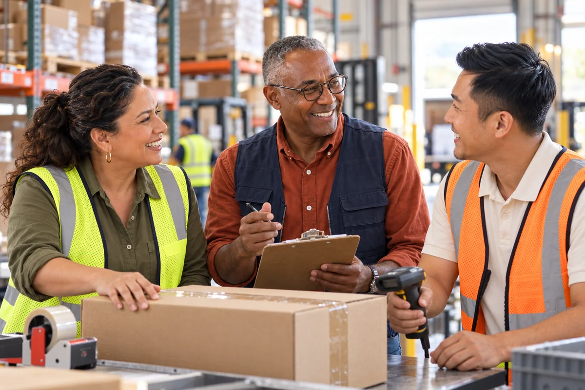 Illustrative shipping warehouse manager and two employees sharing a friendly conversation at a packing station.