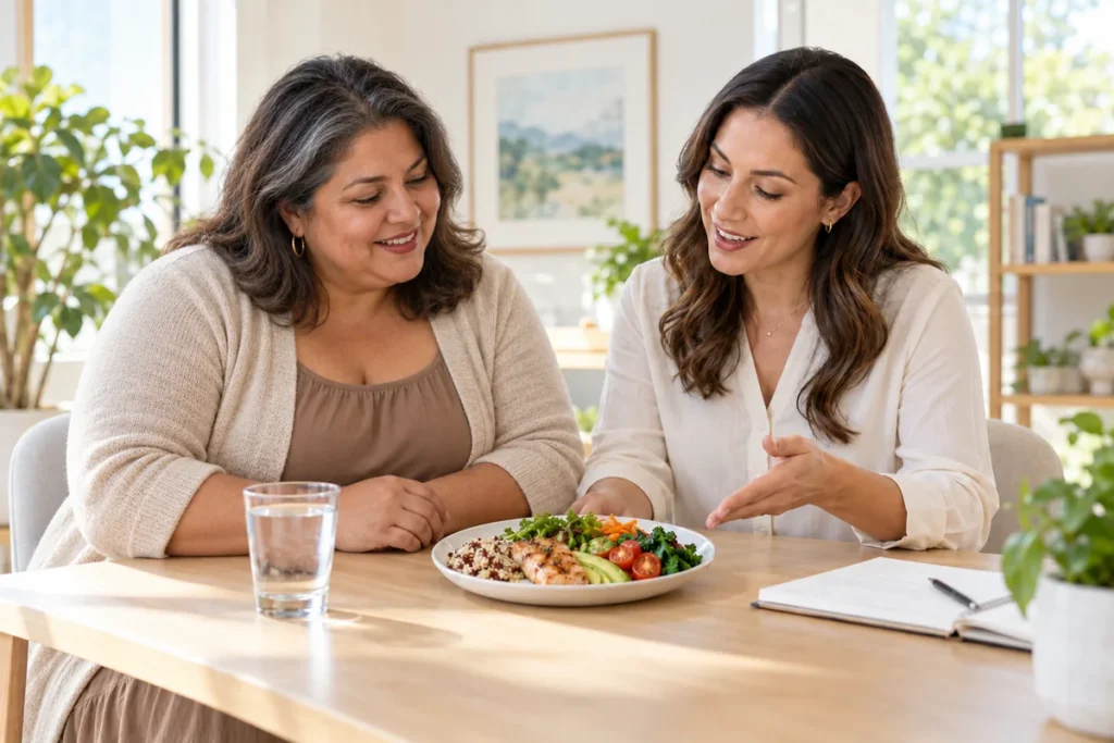 Illustrative middle-aged Latina woman in a tan dress and cardigan discussing balanced meals with a wellness professional.