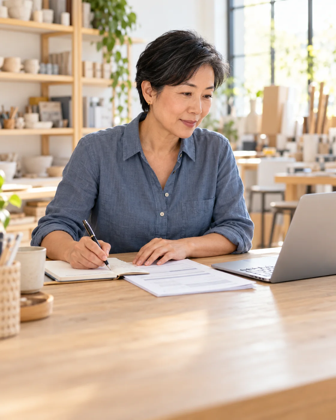 Illustrative business owner reviewing employee benefits and taking notes at her desk.