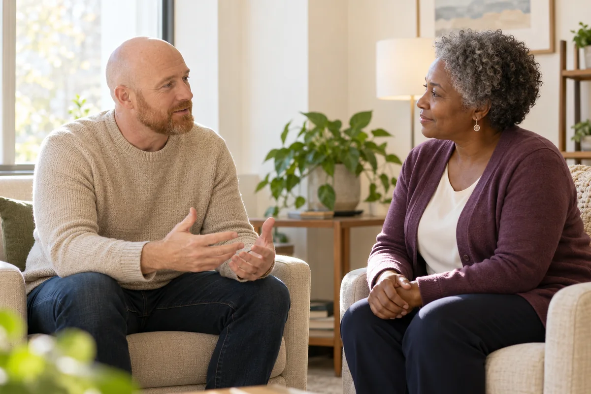 Illustrative man in an oatmeal sweater talking with a counselor in a bright, comfortable office.