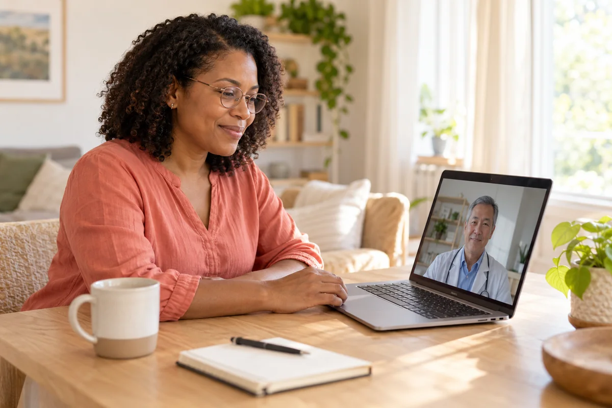Illustrative woman in a coral blouse speaking with a clinician during a virtual appointment from home.